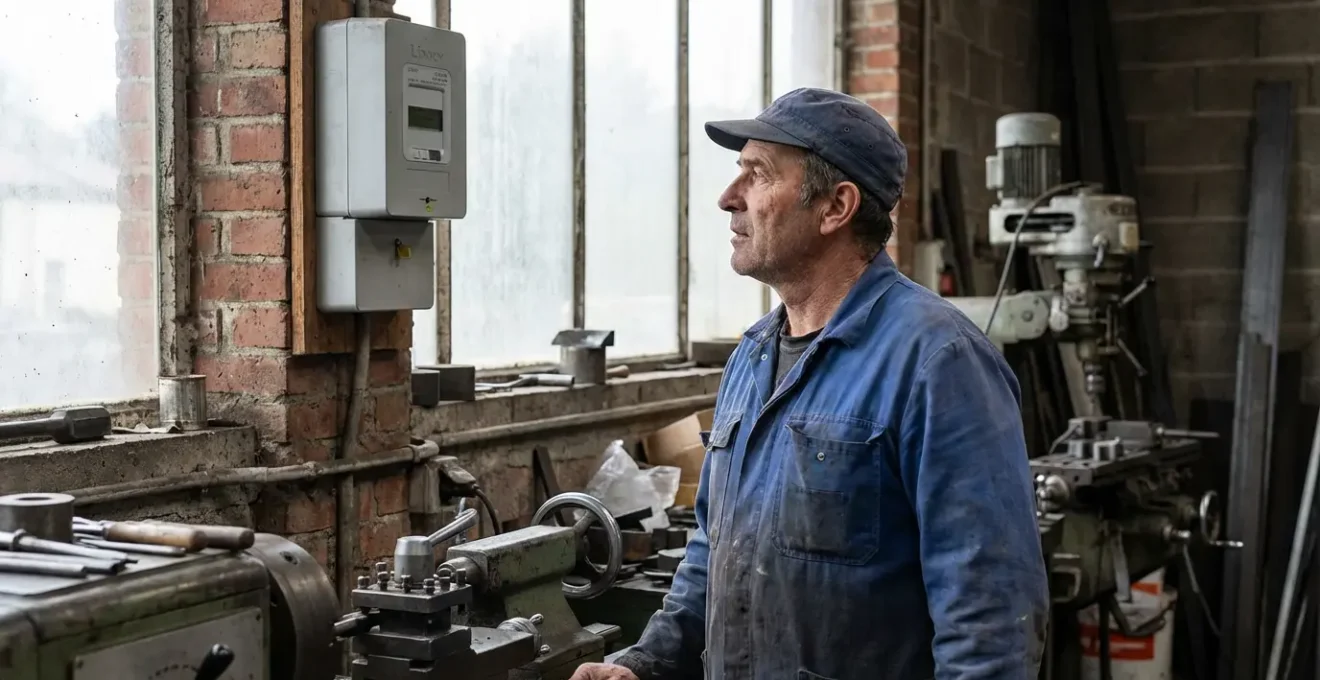 Chef d'entreprise consultant son compteur électrique triphasé dans un atelier professionnel