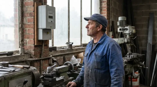 Chef d'entreprise consultant son compteur électrique triphasé dans un atelier professionnel