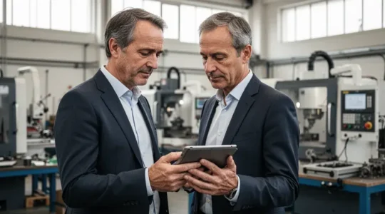 Dirigeant PME consultant tarifs électricité sur tablette dans atelier industriel