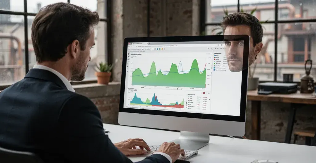 Gérant d'entreprise analysant sa consommation électrique sur écran d'ordinateur
