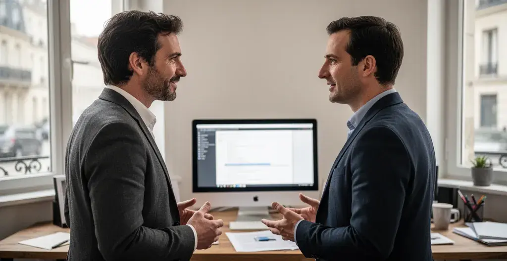 Deux professionnels comparant offres électricité dans bureau PME