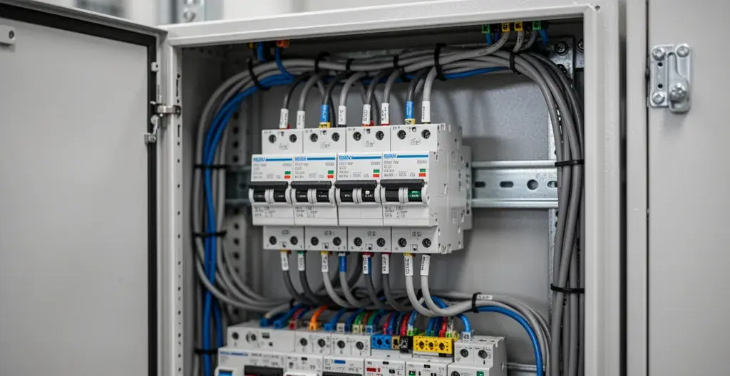 Tableau électrique triphasé professionnel avec disjoncteurs et câblage organisé