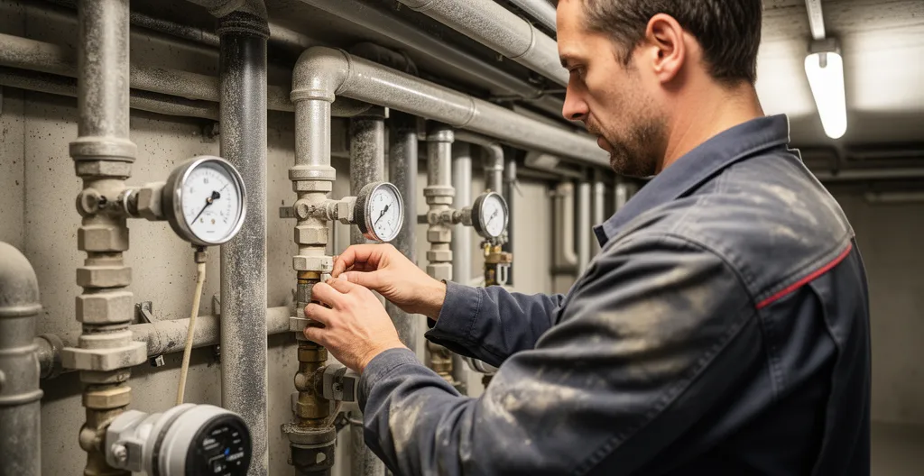 Technicien inspectant une chaufferie collective pour diagnostic technique copropriété