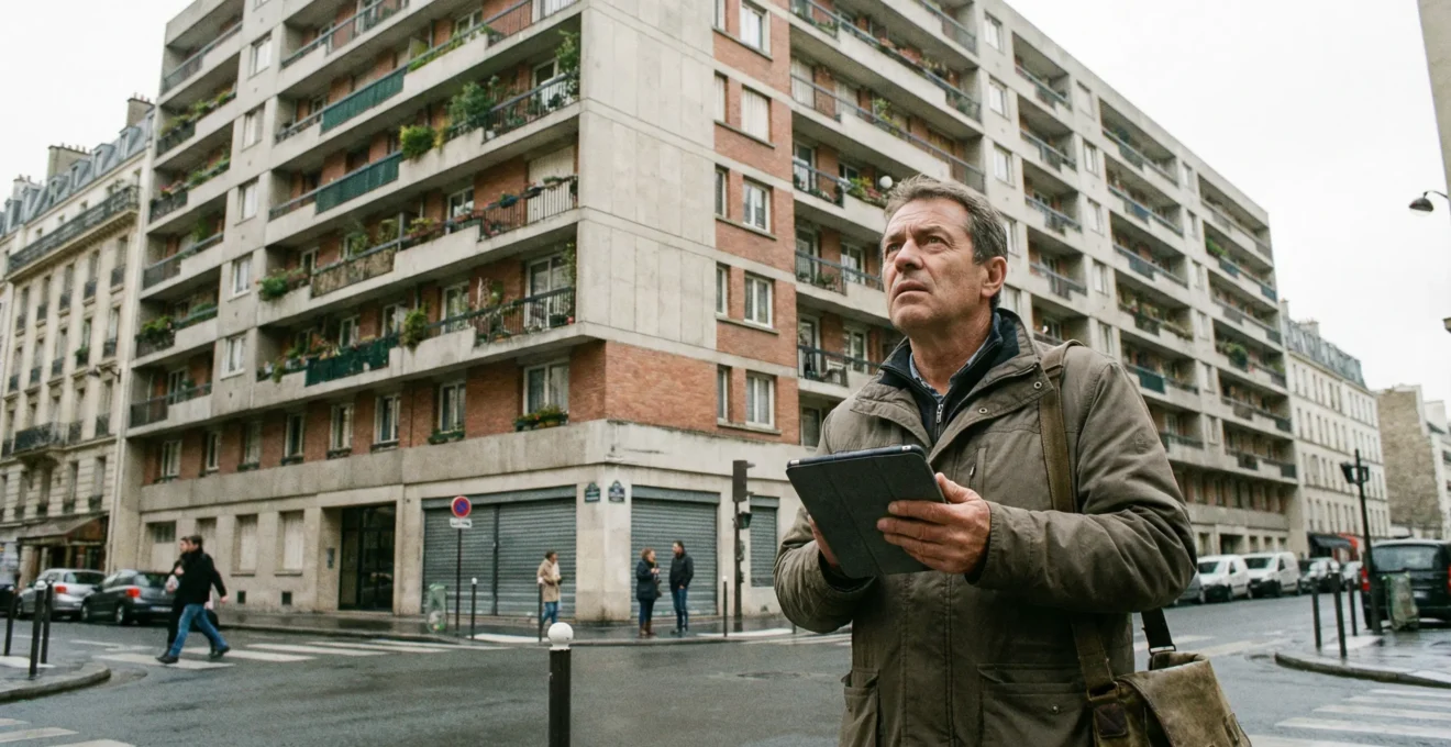 Technicien inspectant la façade d'un immeuble résidentiel français pour un diagnostic DTG
