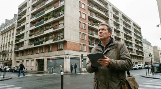 Technicien inspectant la façade d'un immeuble résidentiel français pour un diagnostic DTG