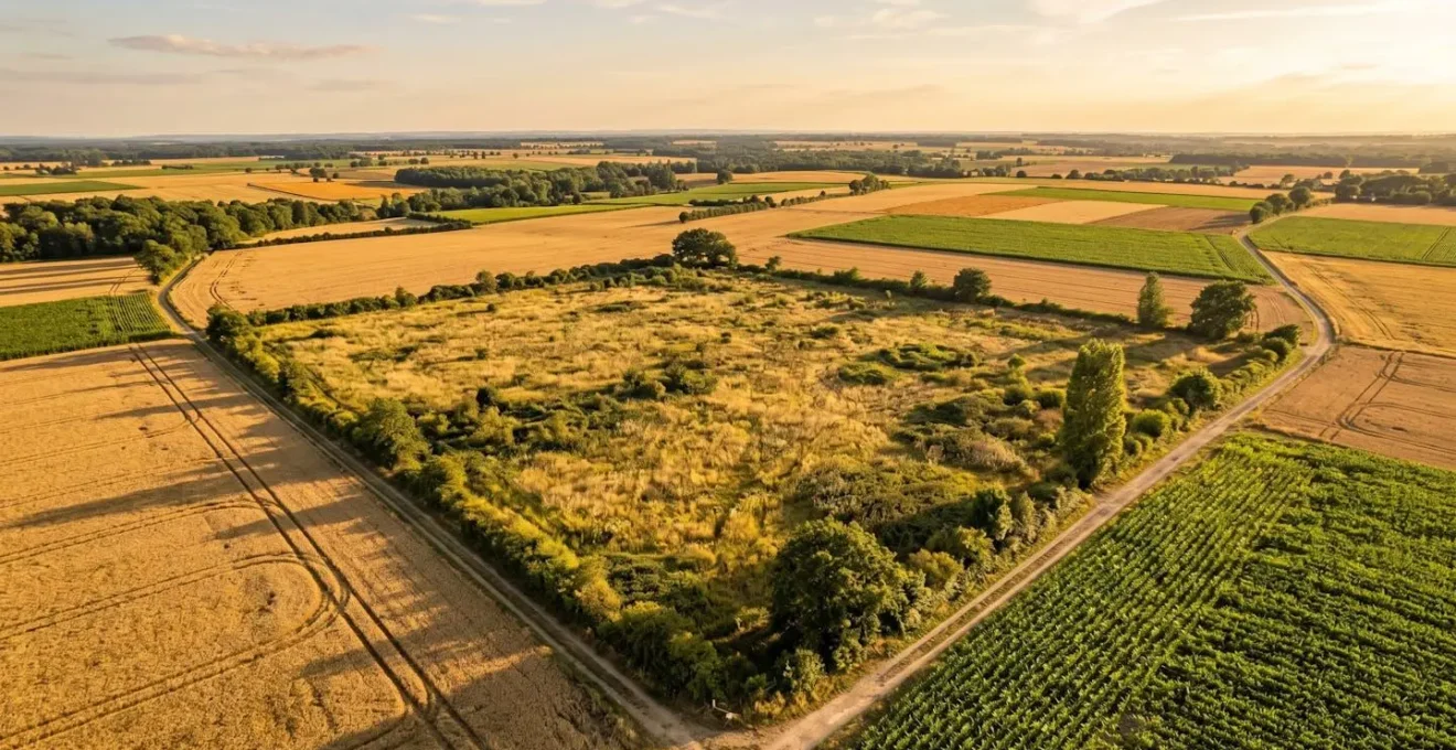 Vue aérienne d'une parcelle agricole en friche dans une zone rurale française, terrain plat et ensoleillé entouré de champs
