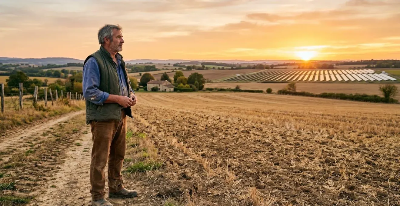 Propriétaire foncier debout sur une parcelle ensoleillée en zone rurale, regardant l'horizon, avec des panneaux solaires en arrière-plan