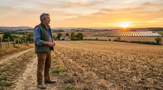 Propriétaire foncier debout sur une parcelle ensoleillée en zone rurale, regardant l'horizon, avec des panneaux solaires en arrière-plan