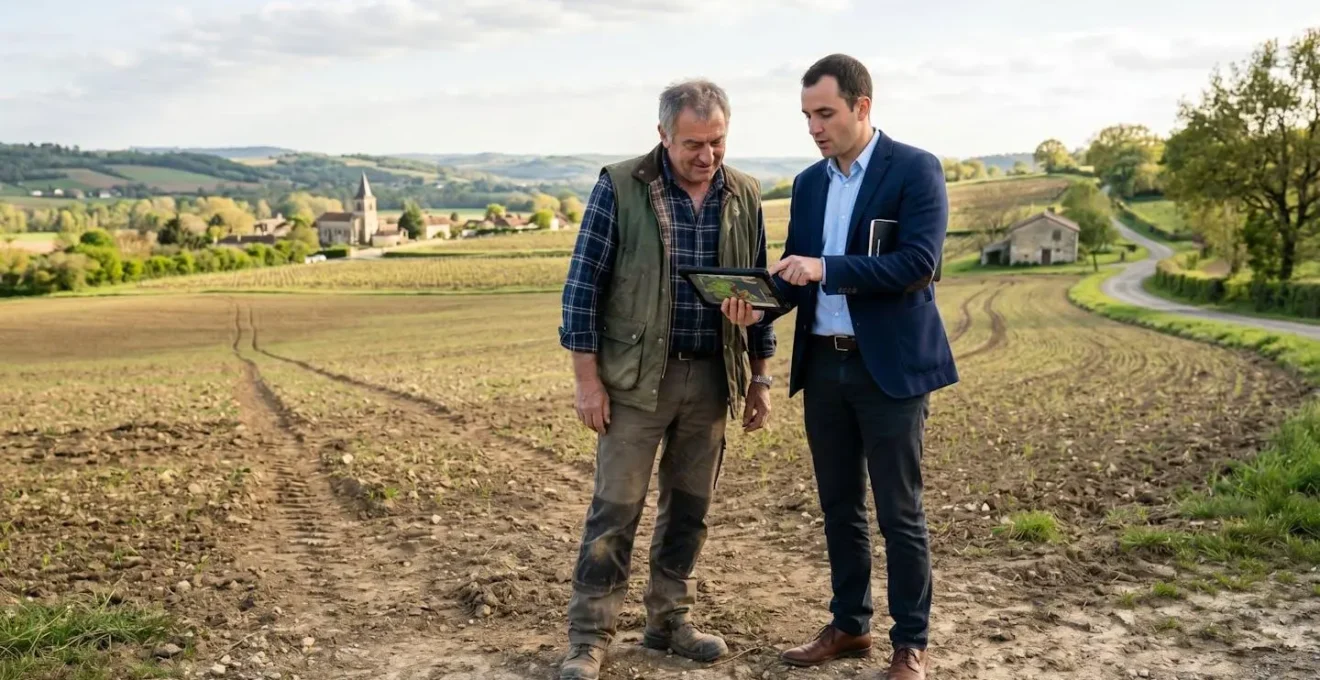 Un propriétaire foncier et un développeur de projet solaire discutent à l'extérieur sur un terrain, en regardant des documents de plan